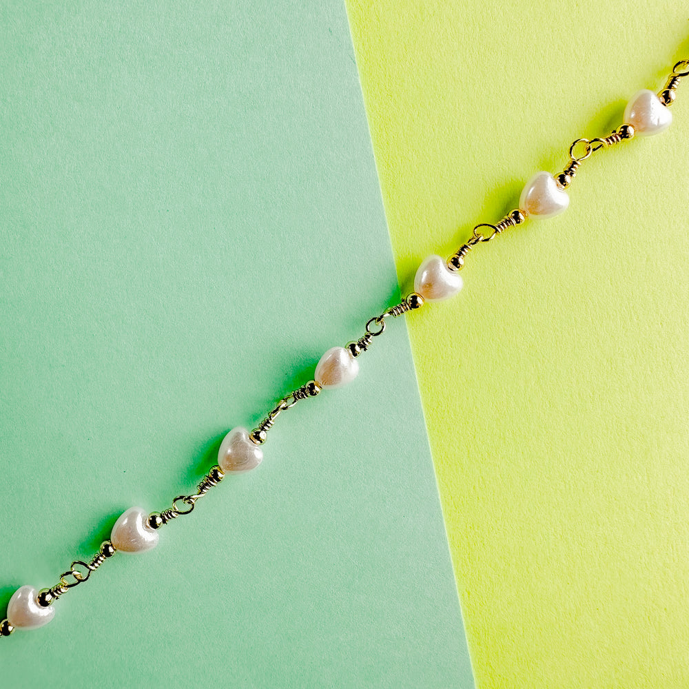 6mm Heart Pearl Gold Linked Chain