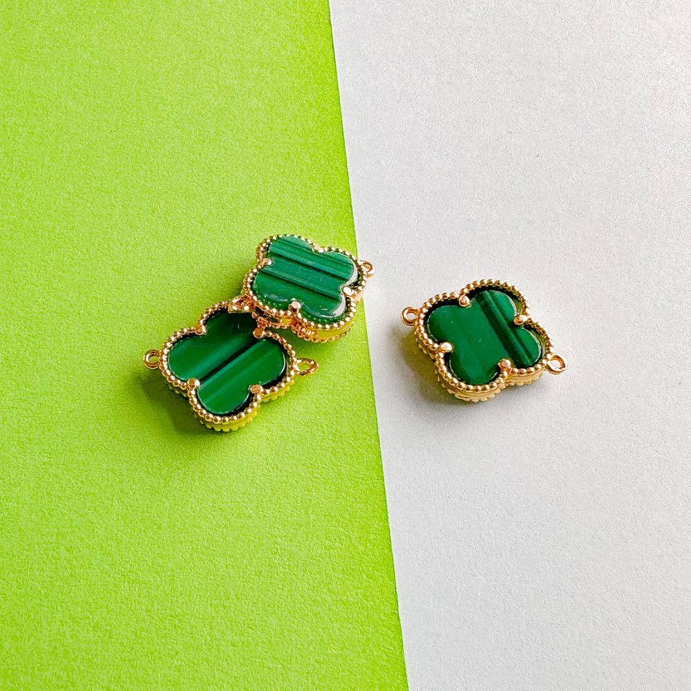 16mm Synthetic Green Malachite Quatrefoil Gold Connector Charm