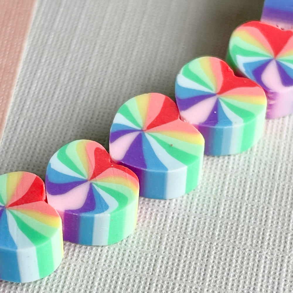 10mm Rainbow Heart Polymer Clay Strand