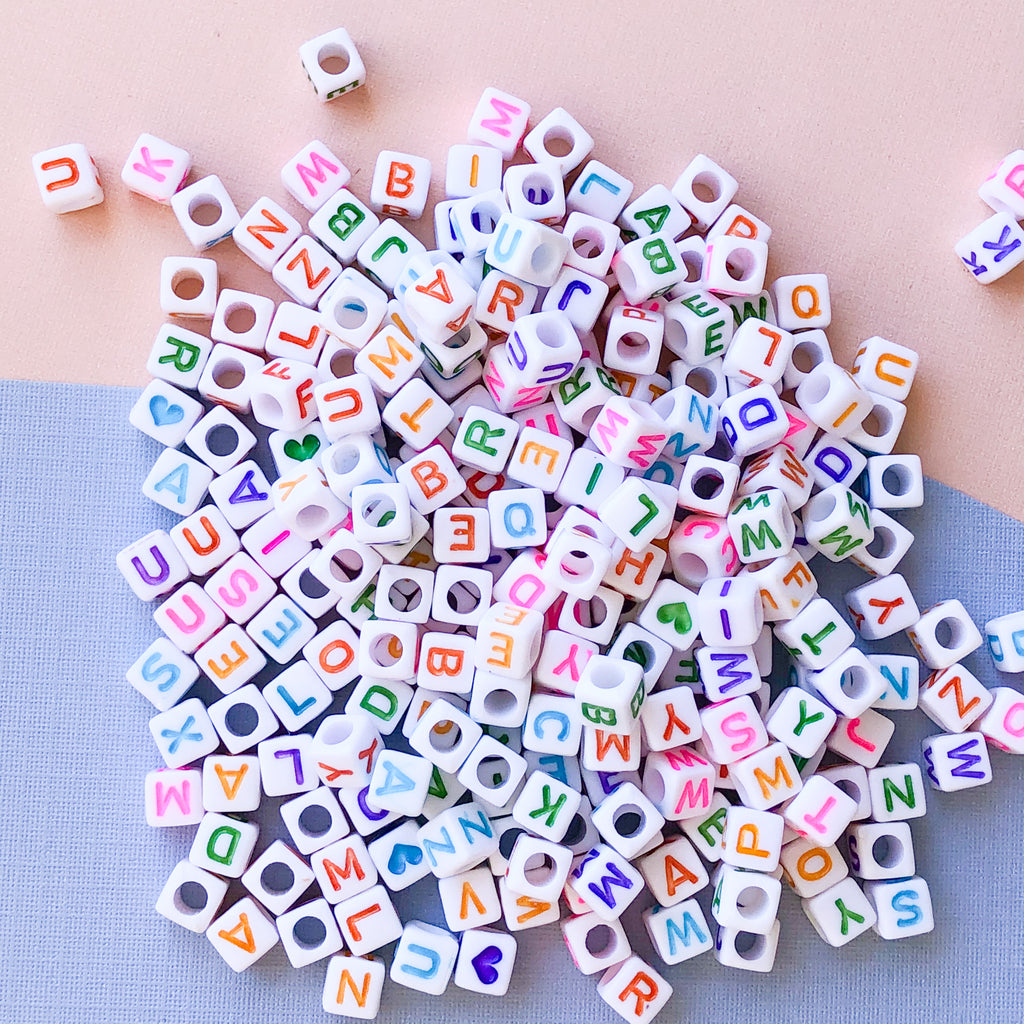 50 Pcs - 10mm Random Letter Mix Colour Cube Alphabet Letter Beads Kids  Beads D216