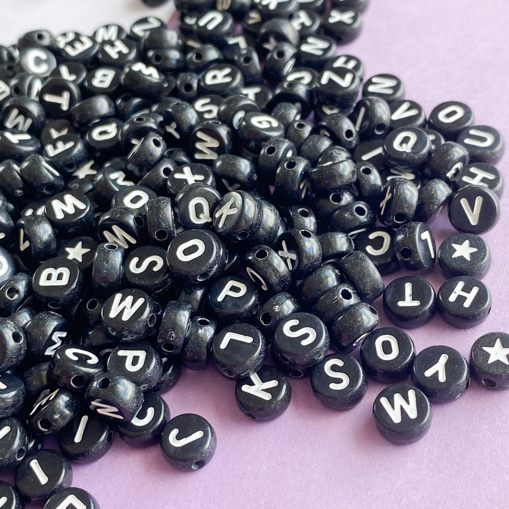 7mm Black with White Letter Acrylic Coin Bead Pack