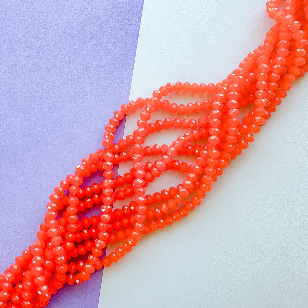 4mm Neon Coral Translucent Faceted Crystal Rondelle Strand