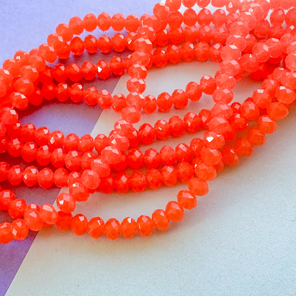4mm Neon Coral Translucent Faceted Crystal Rondelle Strand