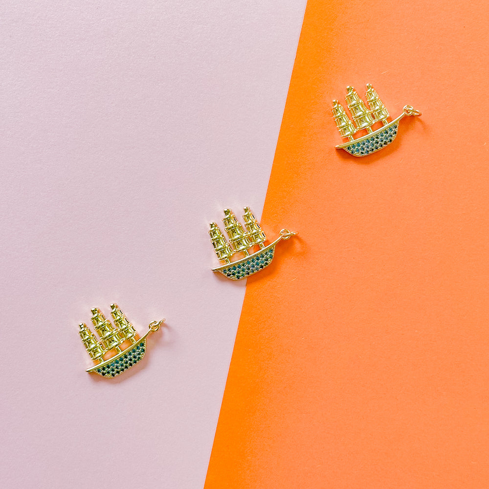 20mm Gold Pave Schooner Ship Charm