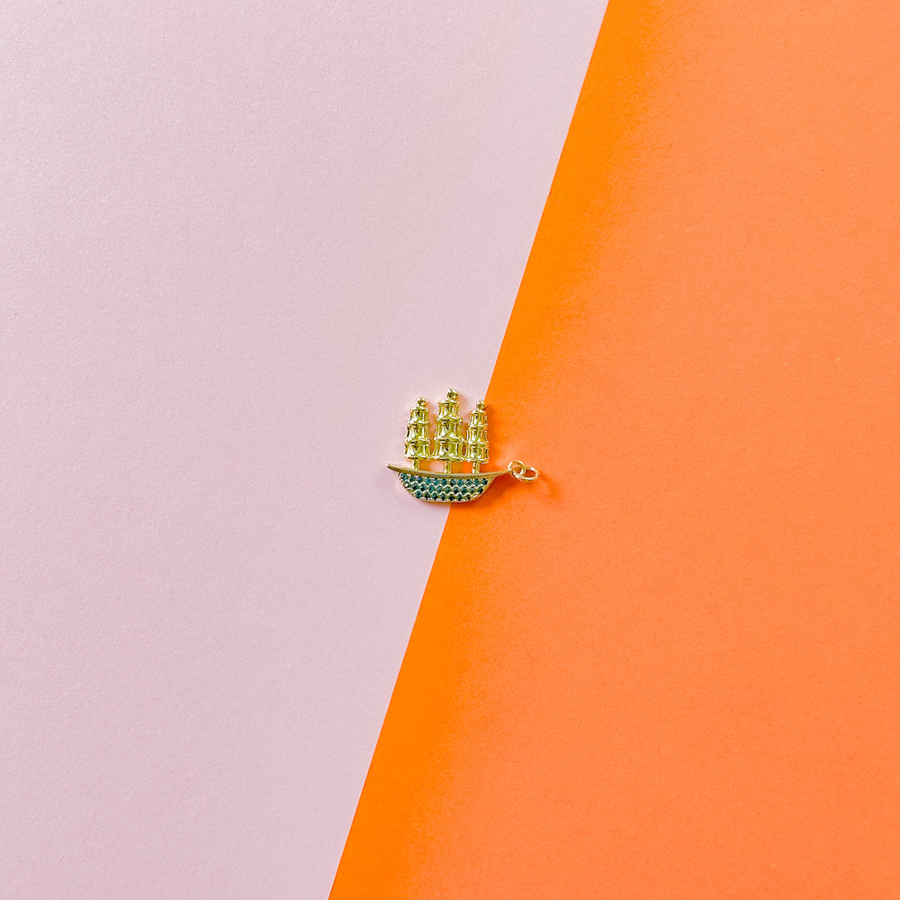 20mm Gold Pave Schooner Ship Charm