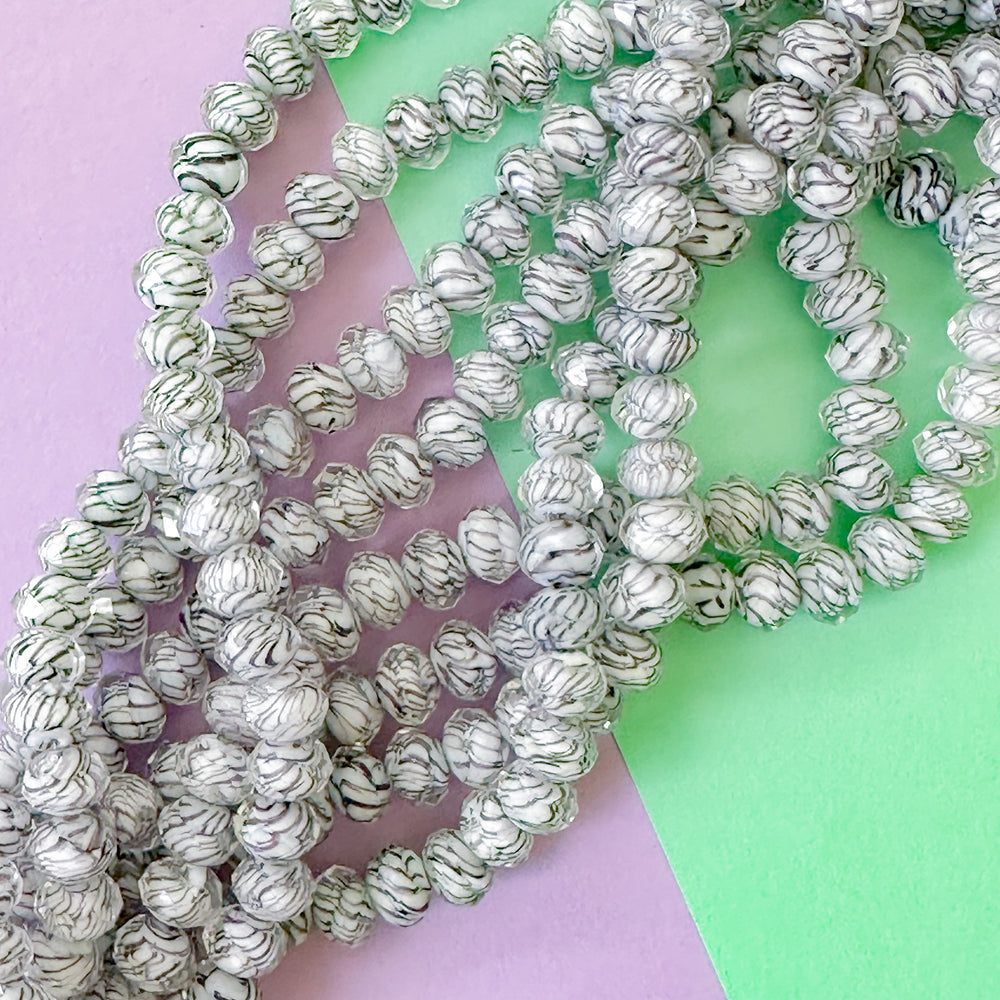 8mm Black and White Marbled Cut Crystal Rondelle Strand