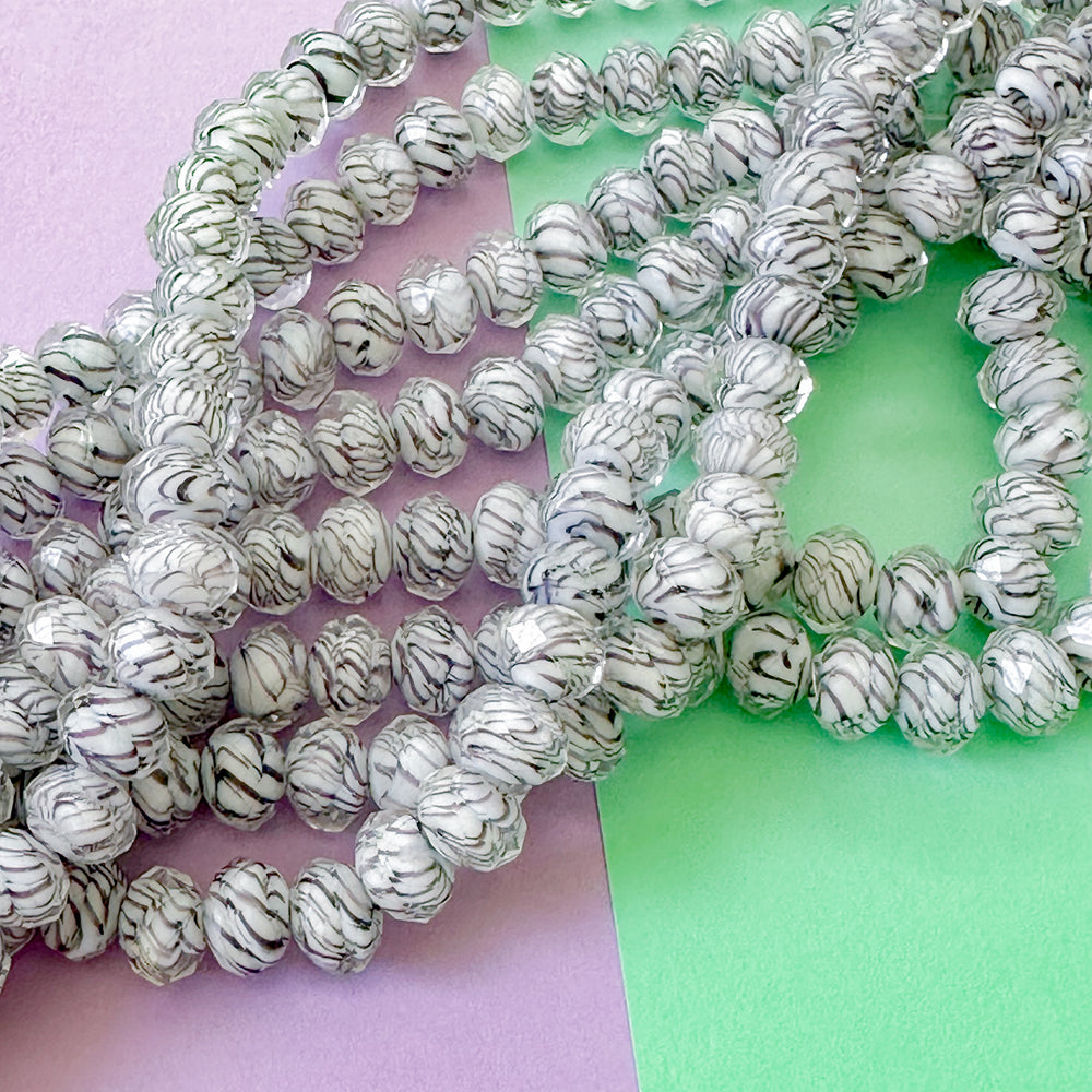 8mm Black and White Marbled Cut Crystal Rondelle Strand