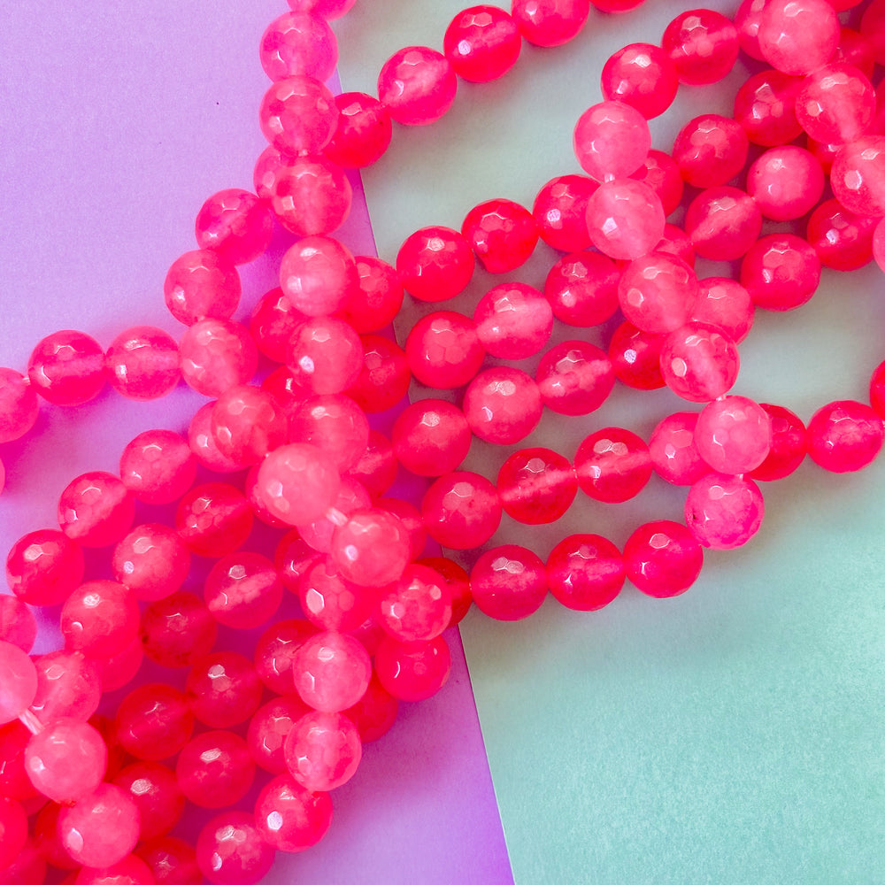 8mm Neon Pink Faceted Dyed Jade Round Strand