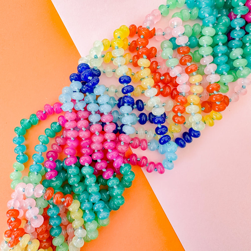 8mm Rainbow Brights Smooth Dyed Jade Rondelle Knotted Strand