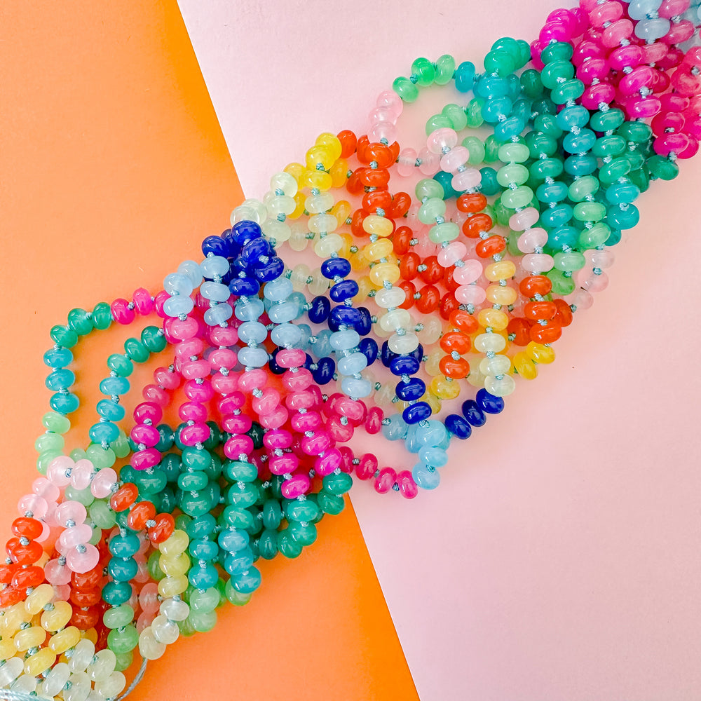 8mm Rainbow Brights Smooth Dyed Jade Rondelle Knotted Strand