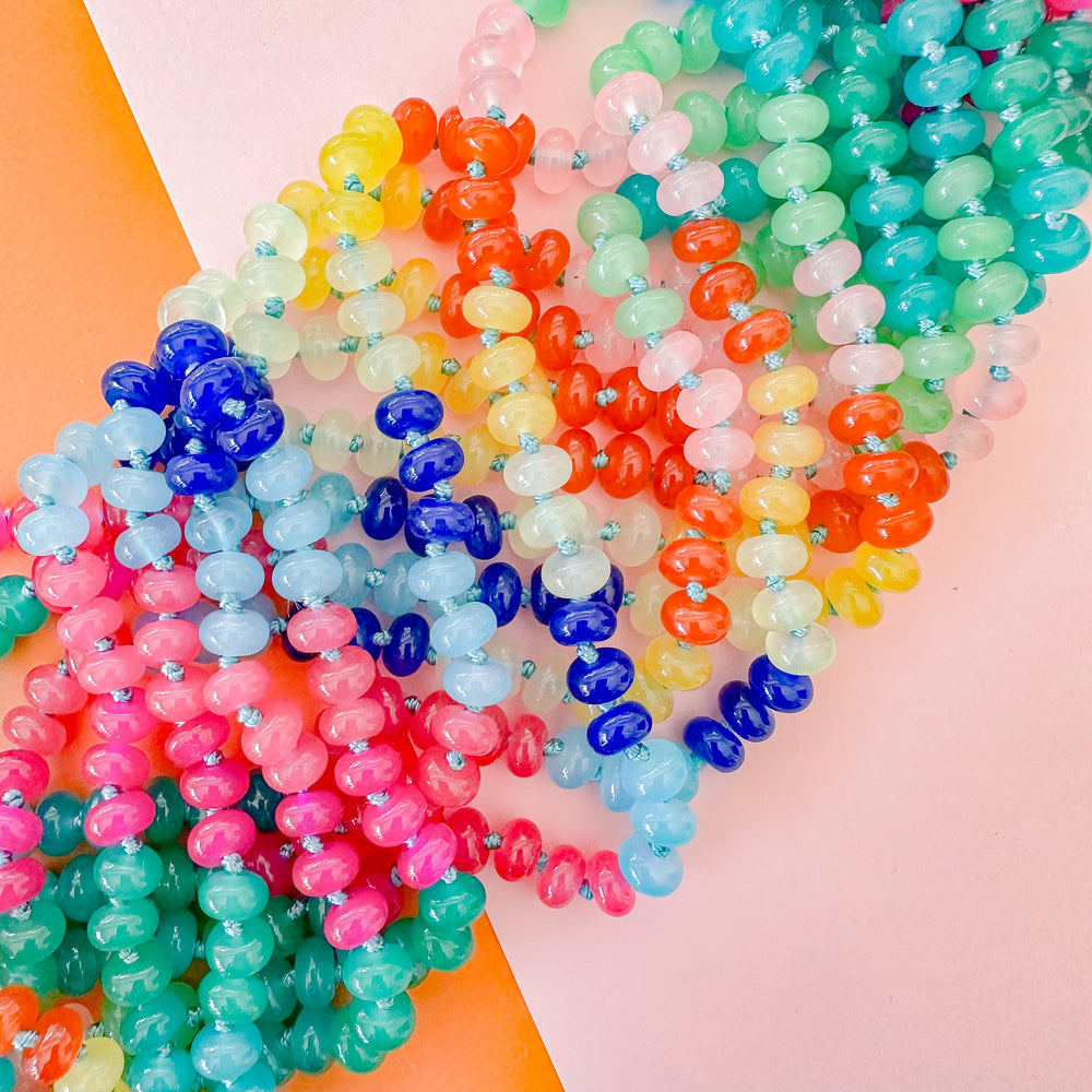 8mm Rainbow Brights Smooth Dyed Jade Rondelle Knotted Strand