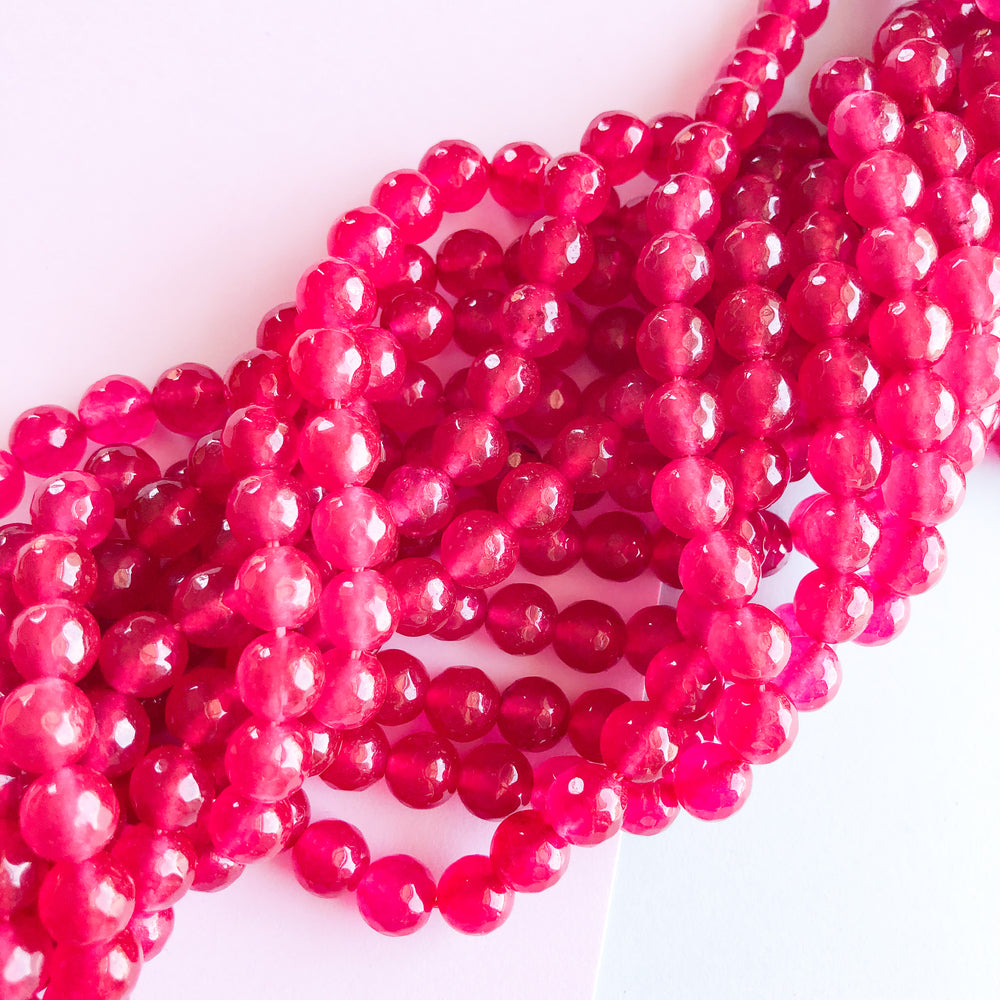 8mm Hot Pink Dyed Jade Faceted Rounds Strand