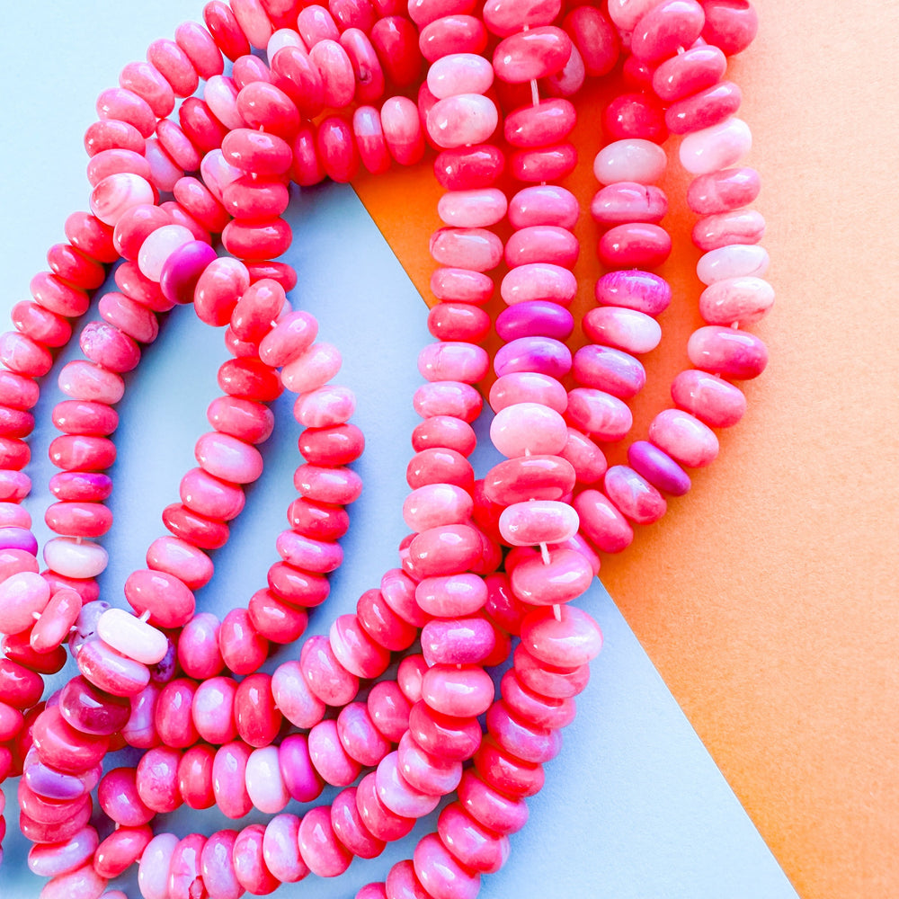 Watermelon Quartz Rondelle Beads, Smooth Round Pink Beige White Glass Beads  BS #164, sizes in 8 x 5 mm 15.2 inch Strands