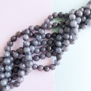 8mm Smoke Charcoal Dyed Jade Faceted Rounds Strand