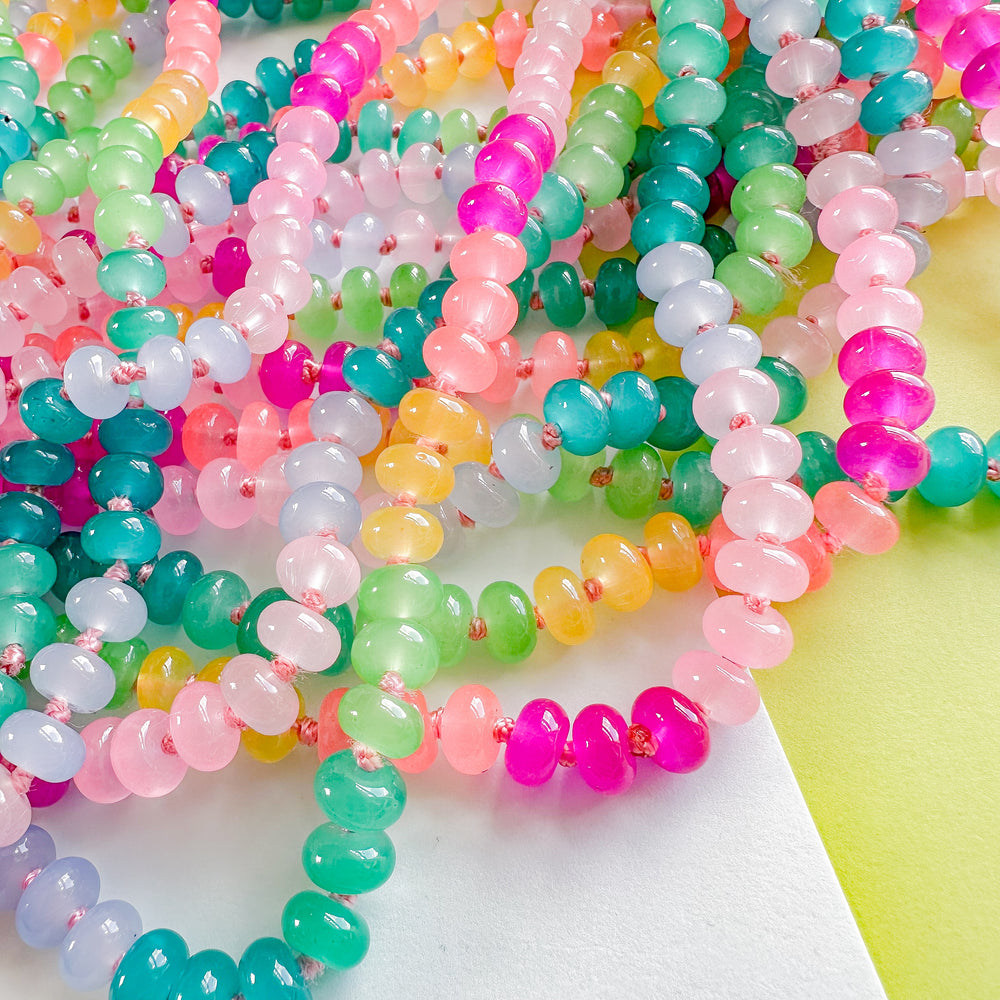 8mm Rainbow Tropical Smooth Dyed Jade Rondelle Long Knotted Loop