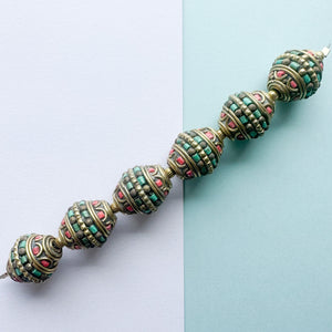 19mm Faux Turquoise and Coral Tibetan Brass Bicone Bead