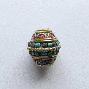 19mm Faux Turquoise and Coral Tibetan Brass Bicone Bead
