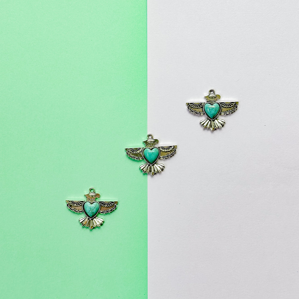 35mm Turquoise Cabachon Silver Thunderbird Heart Charm