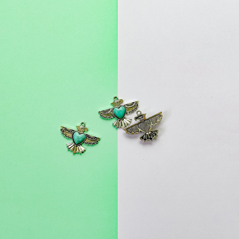 35mm Turquoise Cabachon Silver Thunderbird Heart Charm