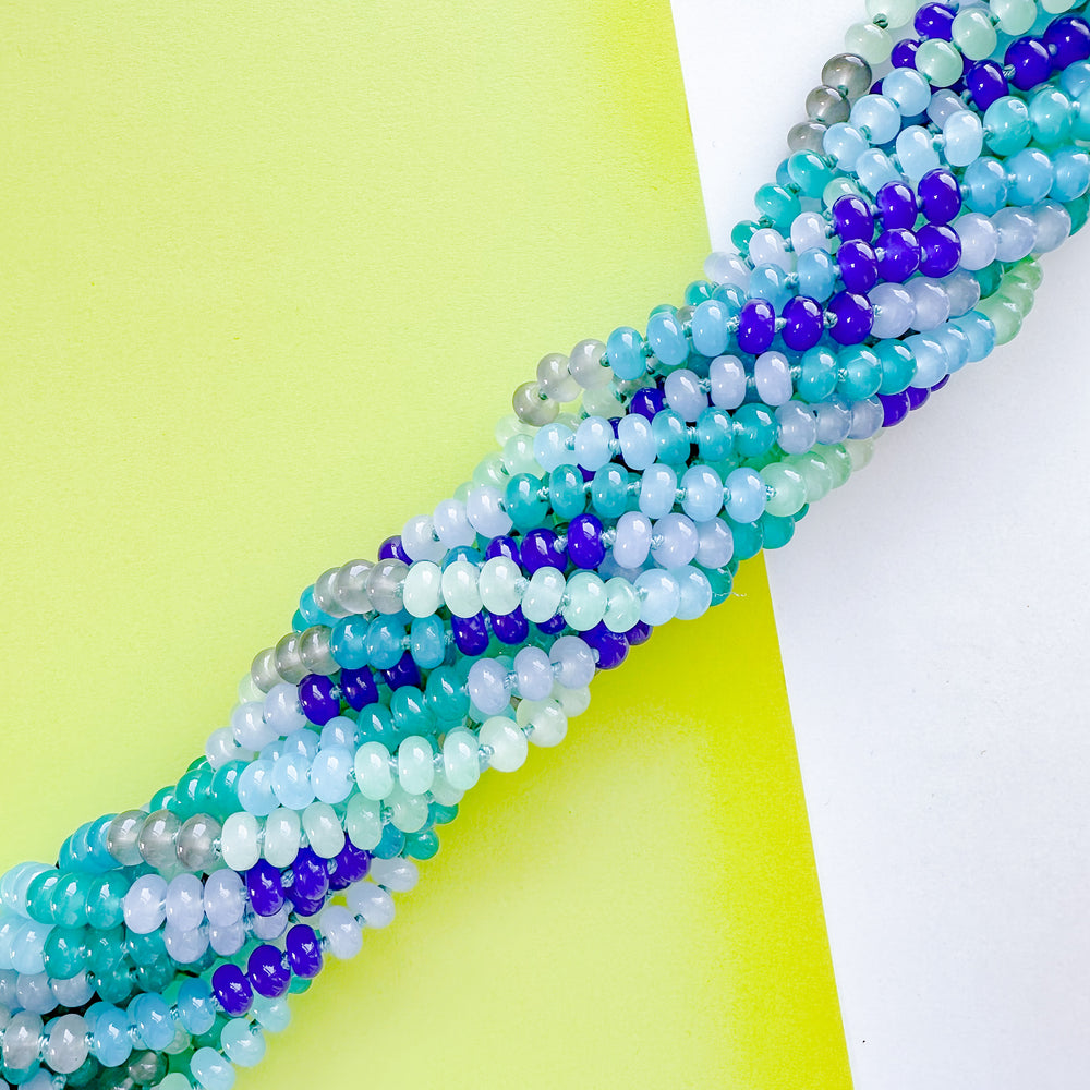 8mm Rainbow Blues Smooth Dyed Jade Rondelle Long Knotted Loop