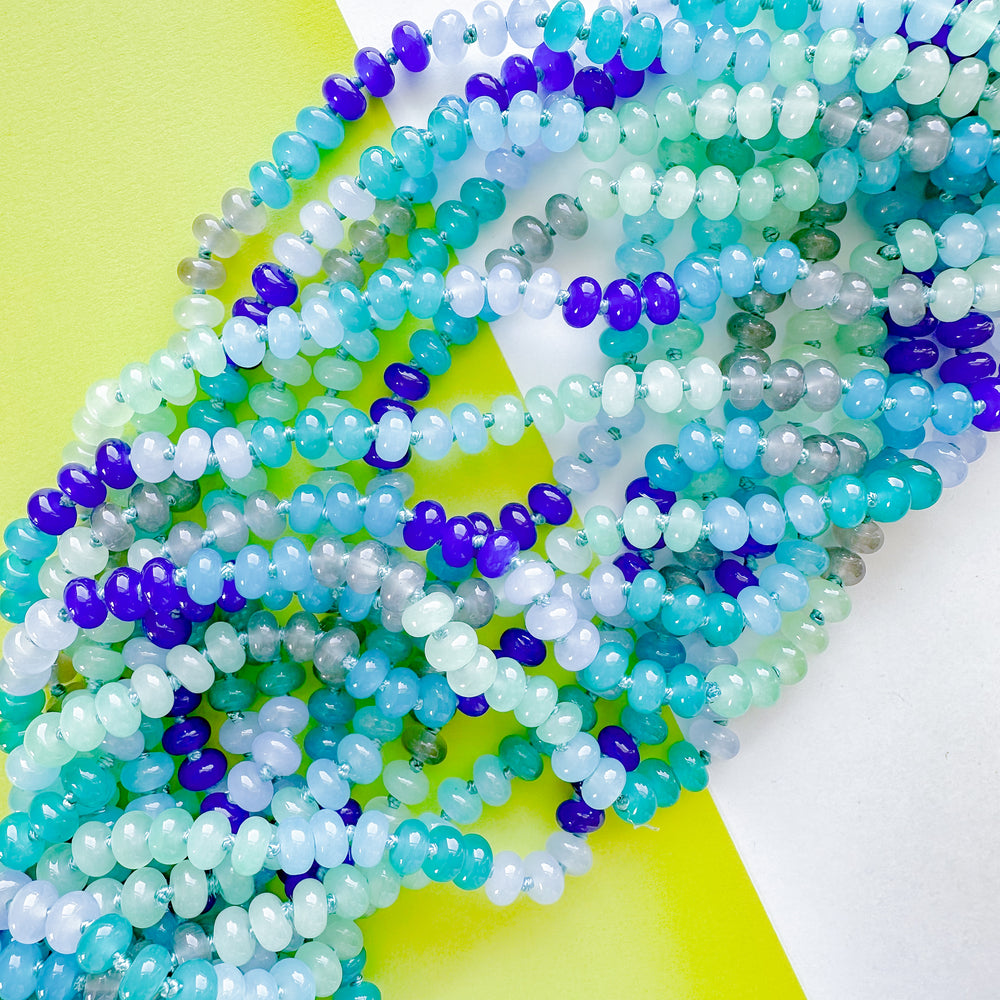 8mm Rainbow Blues Smooth Dyed Jade Rondelle Long Knotted Loop