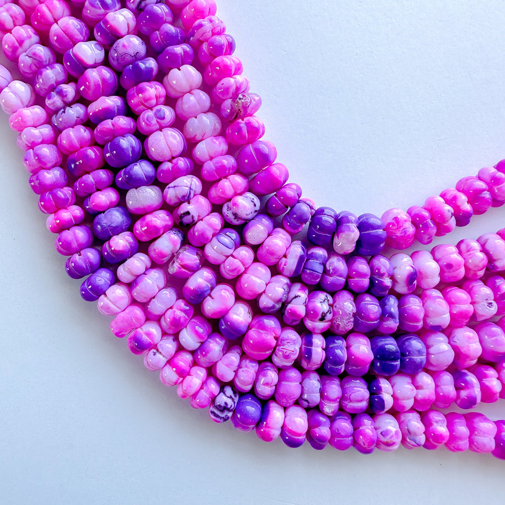 9mm Bright Purple Dyed Opal Carved Melon Strand