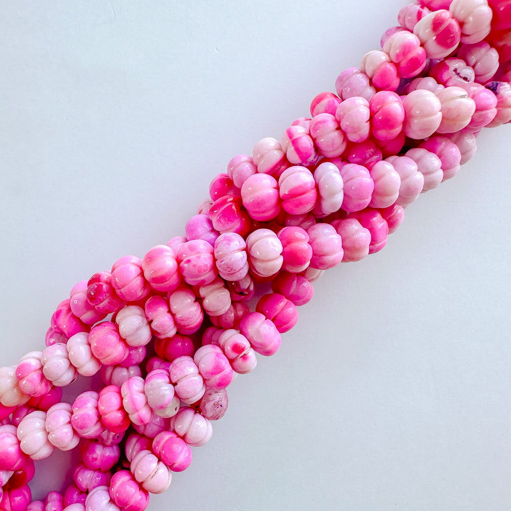 9mm Bright Pink Dyed Opal Carved Melon Strand