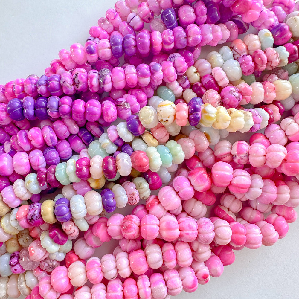 9mm Bright Purple Dyed Opal Carved Melon Strand