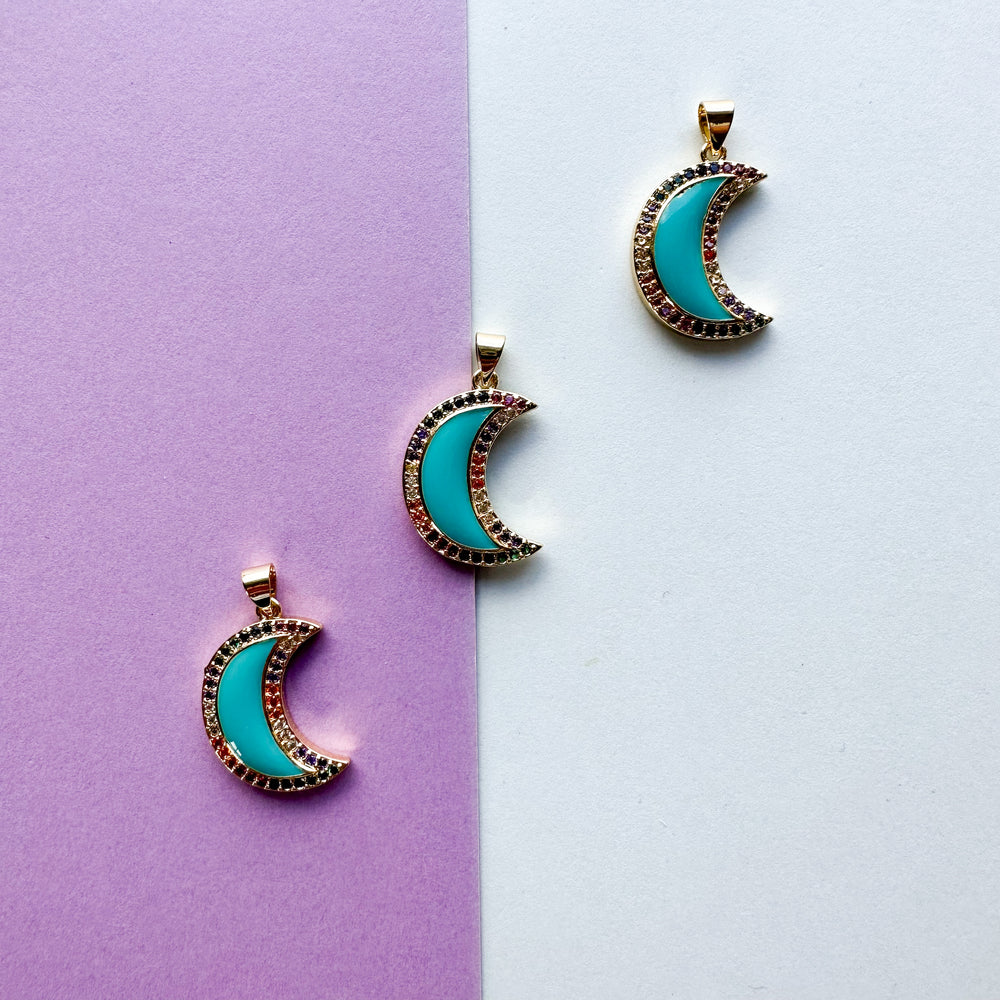 21mm Turquoise Pave Gold Moon Charm