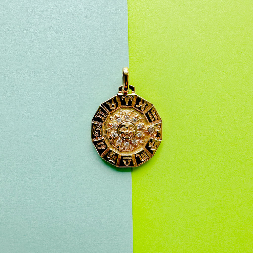 25mm Shiny Gold Pave Sun Zodiac Coin Charm