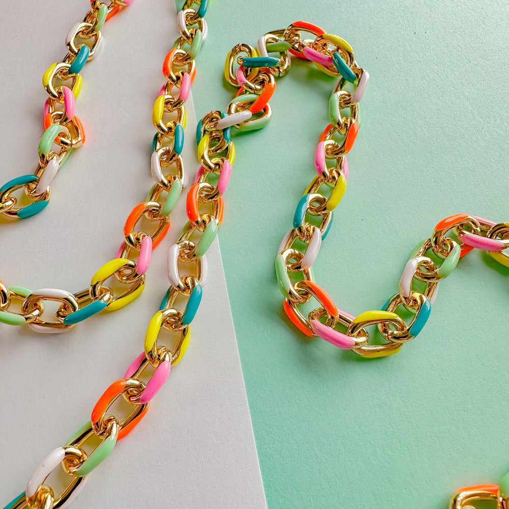 8mm Neon Rainbow Oval Cable Shiny Gold Chain