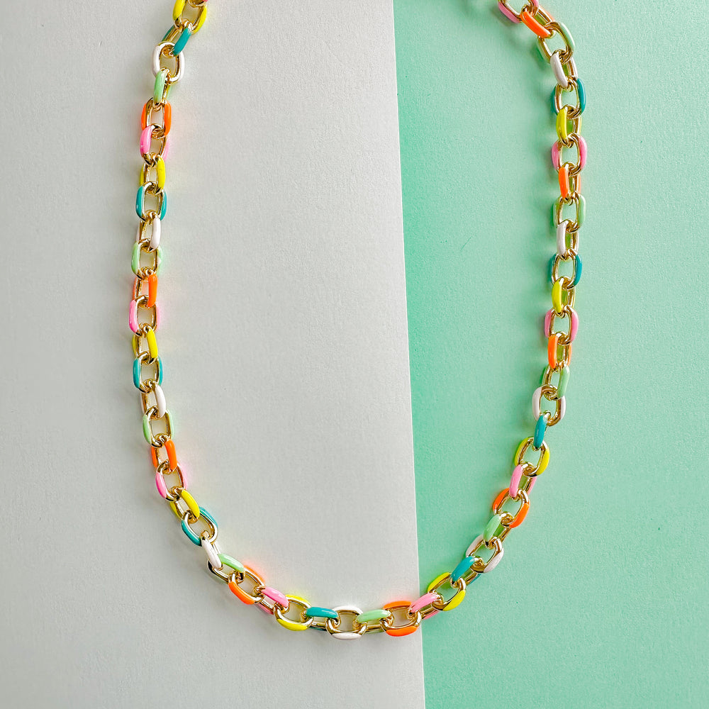 8mm Neon Rainbow Oval Cable Shiny Gold Chain