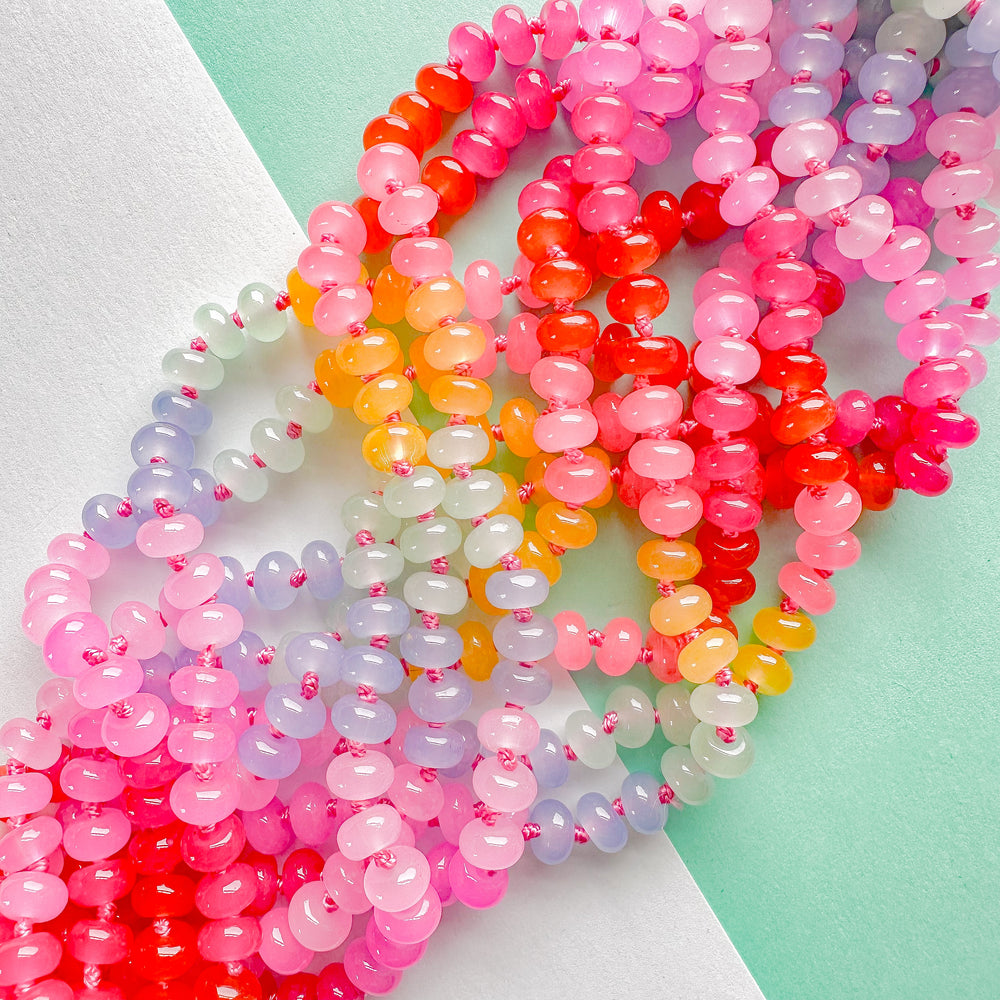 8mm Rainbow Candy Smooth Dyed Jade Rondelle Knotted Strand