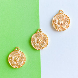 
                
                    Load image into Gallery viewer, 20mm Satin Gold Dogwood Medallion Charm
                
            