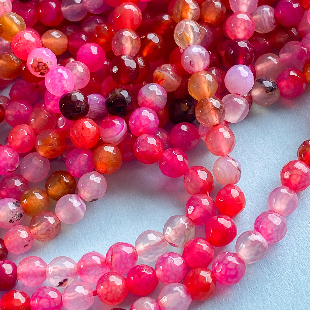 6mm Neon Pink Medley Agate Faceted Round Strand