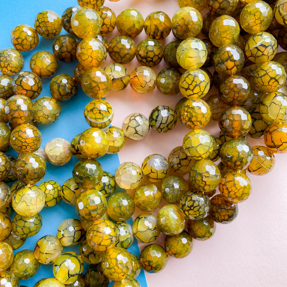 14mm Faceted Kelp Crackle Agate Rounds Strand