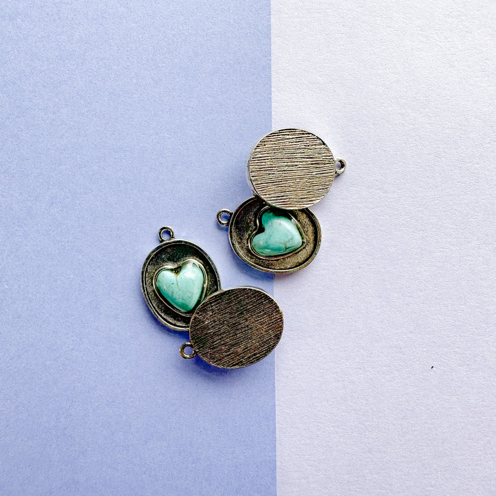 16mm Turquoise Heart Cabachon Pewter Charm - 2 pack