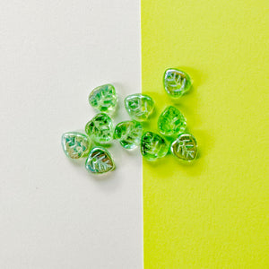 9mm Shiny Green AB Glass Leaf Top Drilled Bead - 10 pack