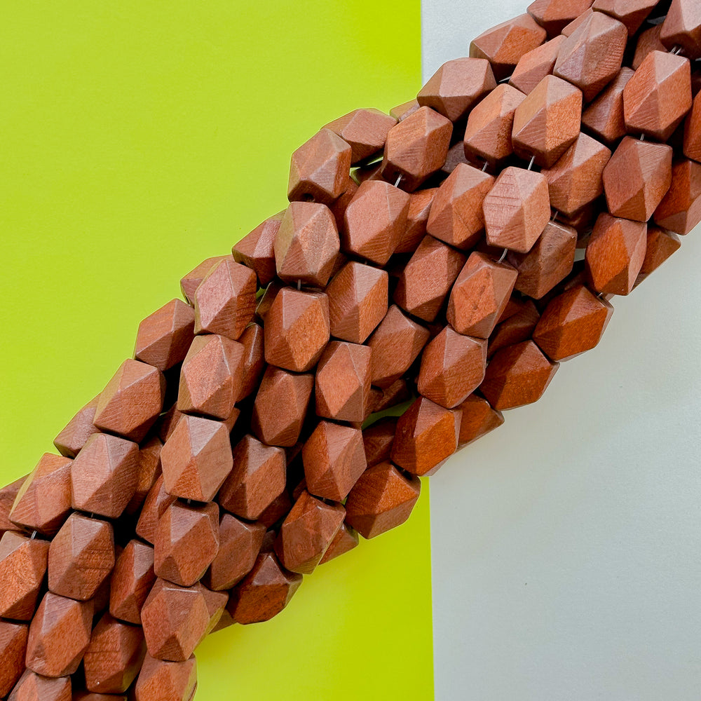 14mm Brown Wood Faceted Hex Cut Strand