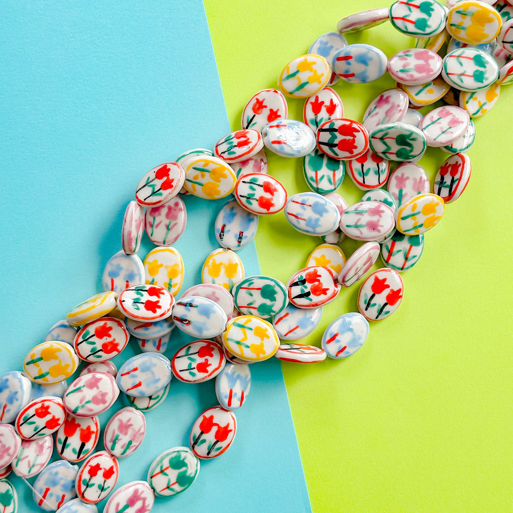 15mm Hand Painted Porcelain Tulip Flat Oval Strand