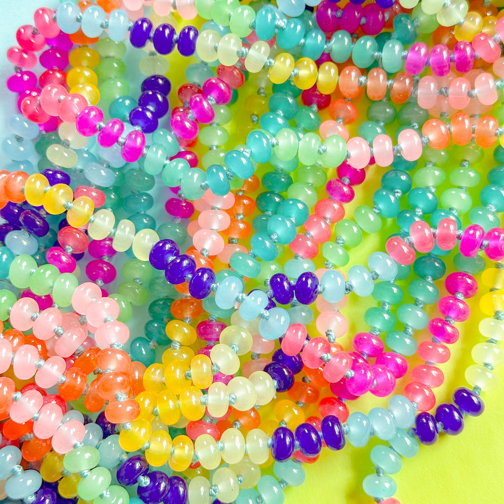 8mm Rainbow Brights Smooth Dyed Jade Rondelle Long Knotted Loop