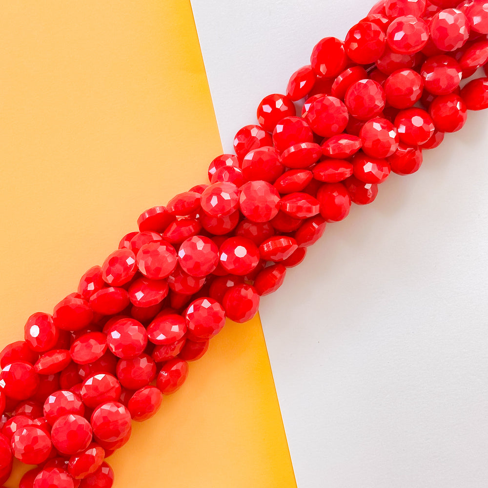 14mm Opaque Bright Red Fancy Coin Faceted Crystal Strand