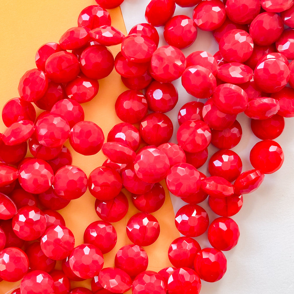 14mm Opaque Bright Red Fancy Coin Faceted Crystal Strand