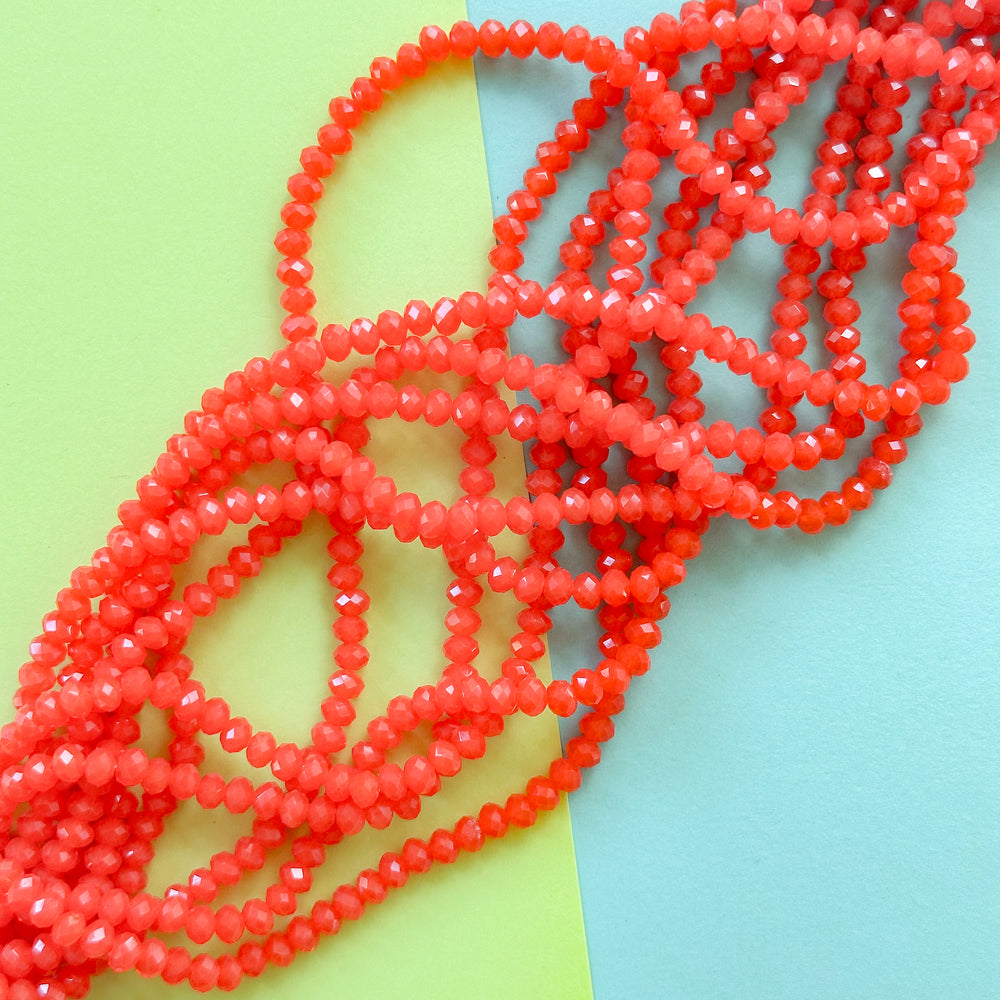 4mm Neon Coral Translucent Faceted Crystal Rondelle Strand
