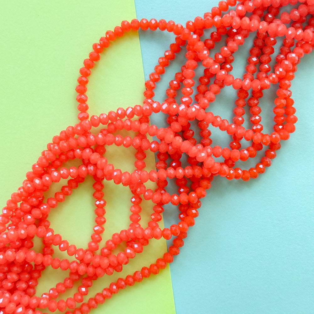 4mm Neon Coral Translucent Faceted Crystal Rondelle Strand