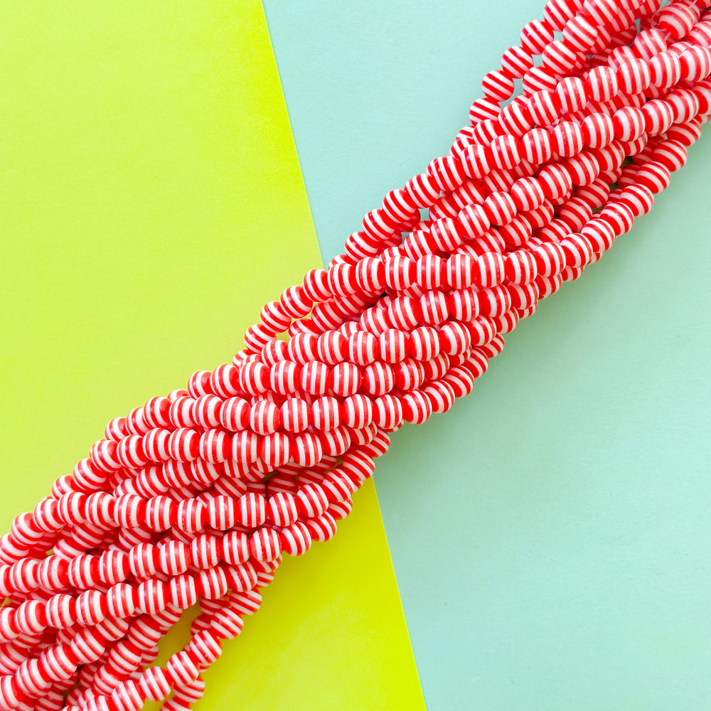 8mm Red and White Stripe Resin Round Strand