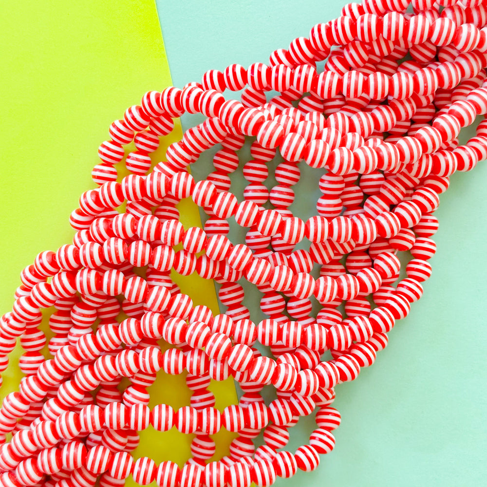 8mm Red and White Stripe Resin Round Strand