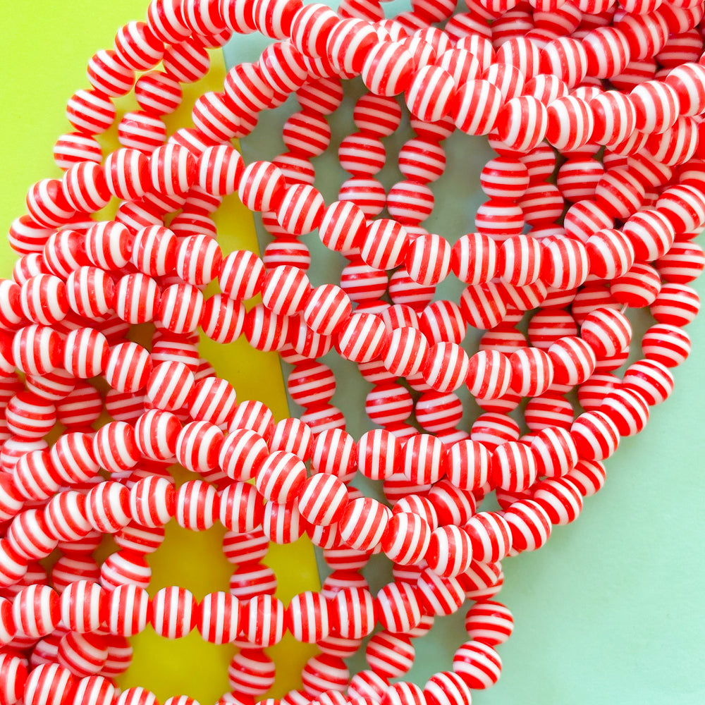 8mm Red and White Stripe Resin Round Strand