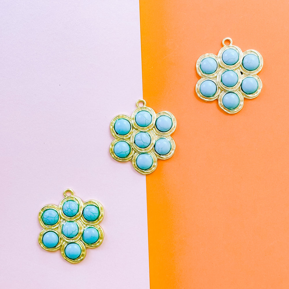 57mm Turquoise Cabachon Gold Flower Pendant