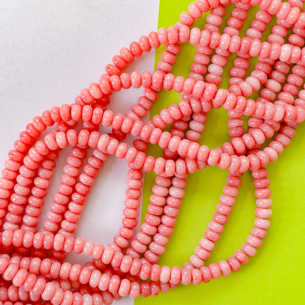 8mm Rosy Coral Smooth Dyed Jade Rondelle Strand